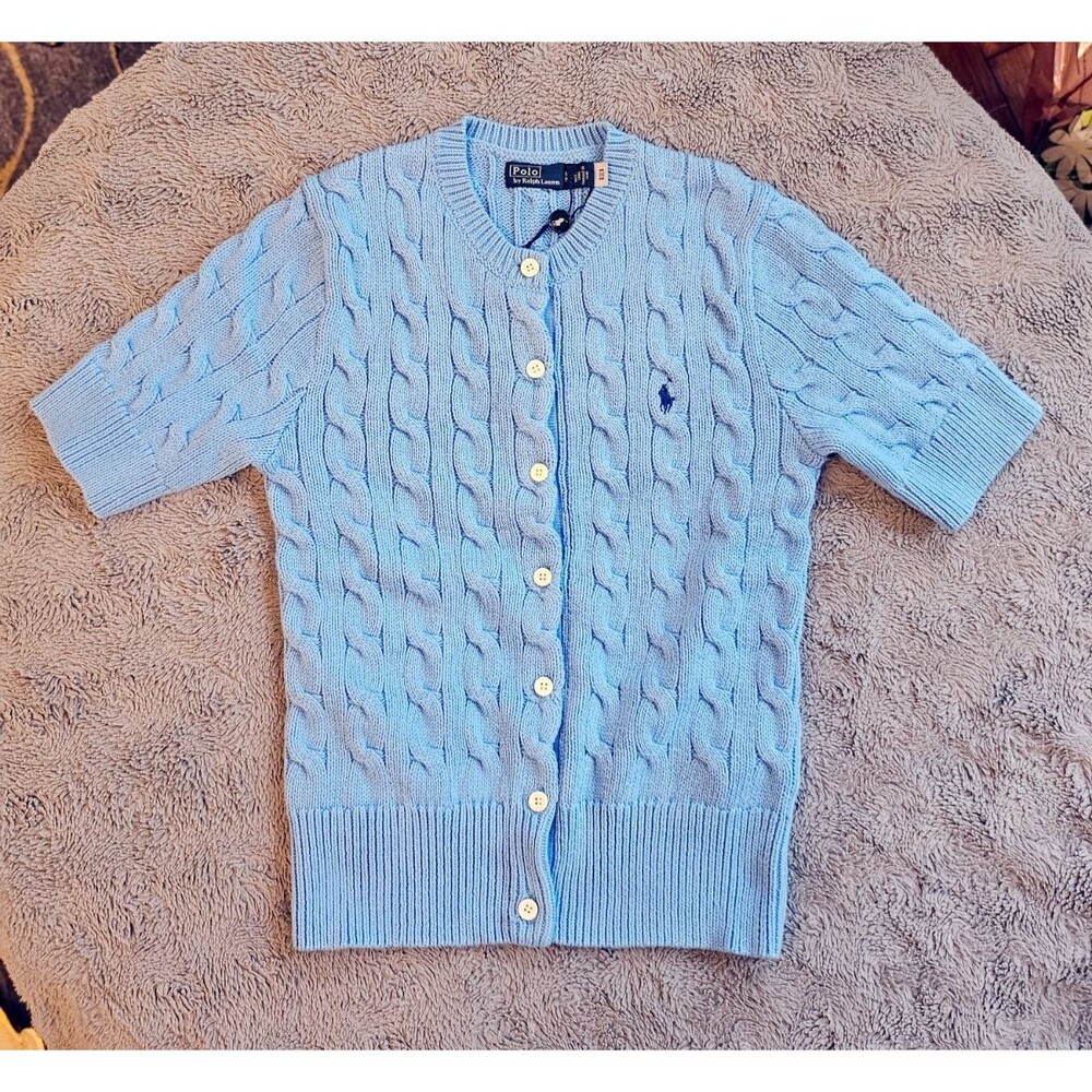 POLO Ralph Lauren Cable-Knit Cotton Short-Sleeve Cardigan, Blue, S, NWT - Picture 3 of 16